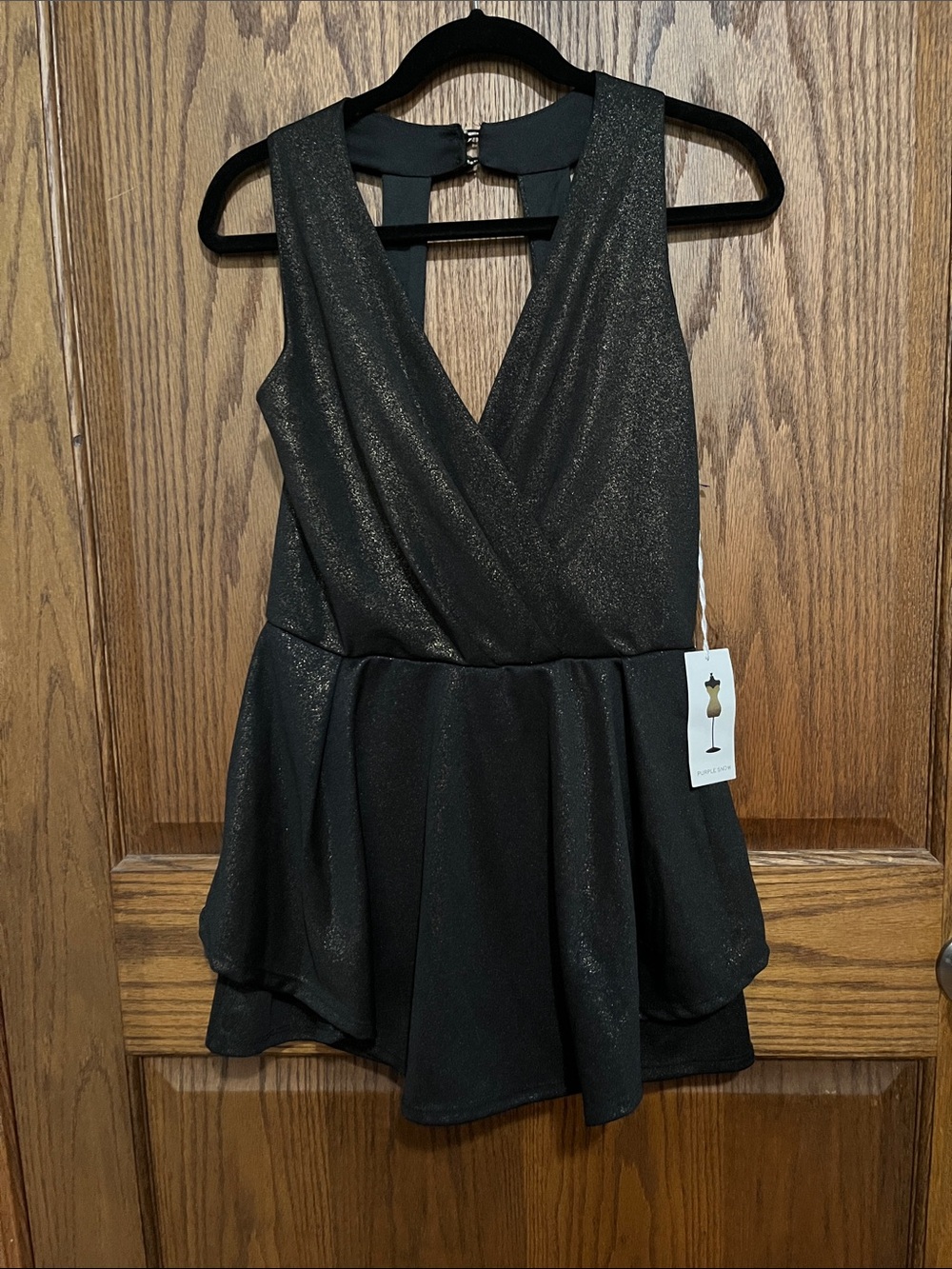 Purple Snow Black Shimmery Sleeveless Wrap Romper Dress